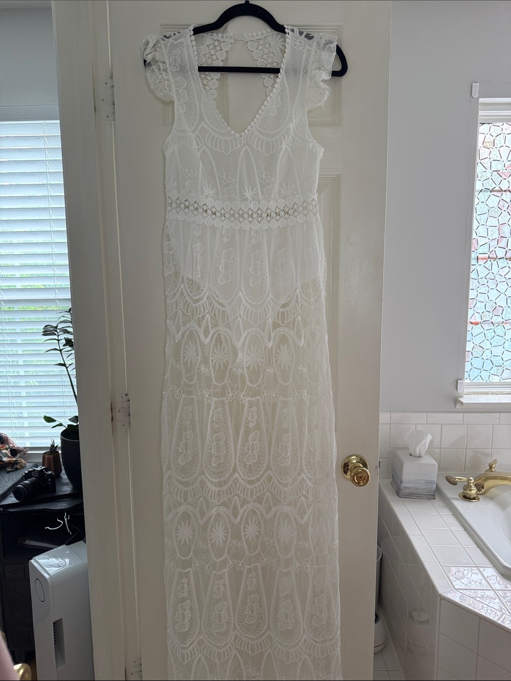 Boho White Lace Maxi Dress with Crochet Waist